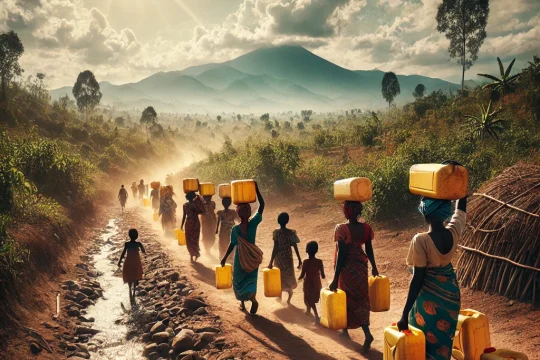 An image depicting women and children in Kasese District, Uganda, carrying jerrycans along rugged terrain under the bright sun, with the Rwenzori Mountains in the background. This visual captures their daily struggle to fetch water.