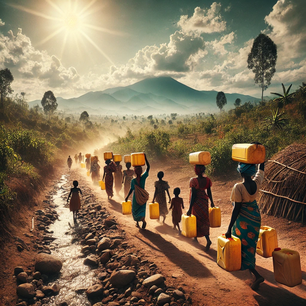 An image depicting women and children in Kasese District, Uganda, carrying jerrycans along rugged terrain under the bright sun, with the Rwenzori Mountains in the background. This visual captures their daily struggle to fetch water.